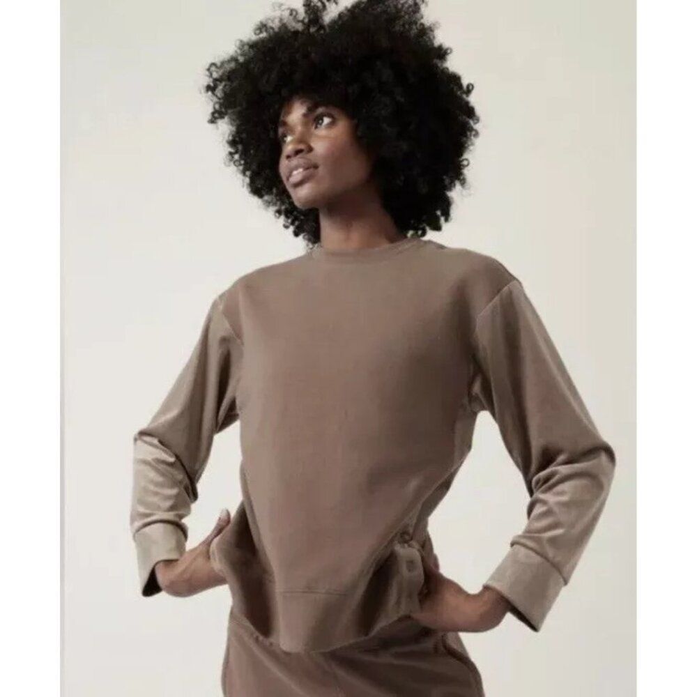Athleta Retroplush Velvet Crewneck Sweatshirt Rustic Beige NWT Size Small